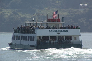 Look for the big "square deck" ferry - it's the Official Angel Island Tiburon Ferry to Angel Island out of Tiburon, CA