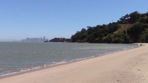 Angel Island's Quarry Beach offers a white sandy beach for strolling with million dollar views of the San Francisco skyline